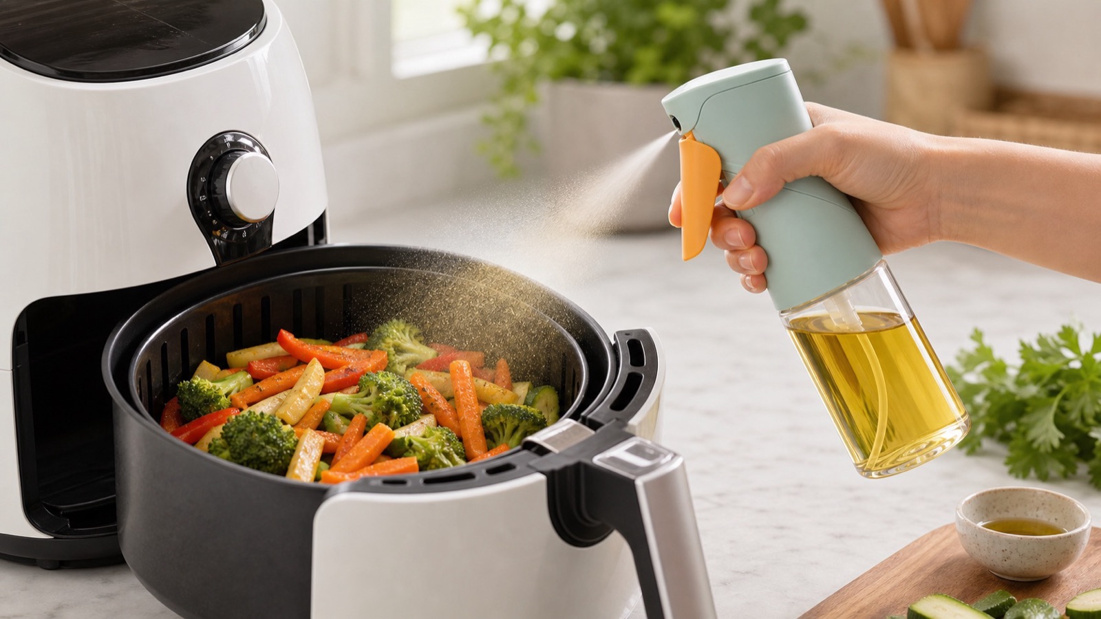 PP cooking oil sprayer in kitchen — FDA compliant for direct food contact